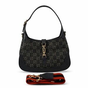 Gucci Jackie 1961 Small Black Denim GG Bag w/ Leather + Web Straps